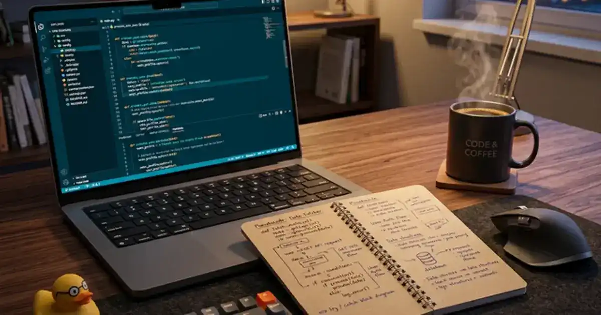 Laptop showing code editor with teal syntax highlighting next to a notebook with handwritten pseudocode on a dark wooden desk