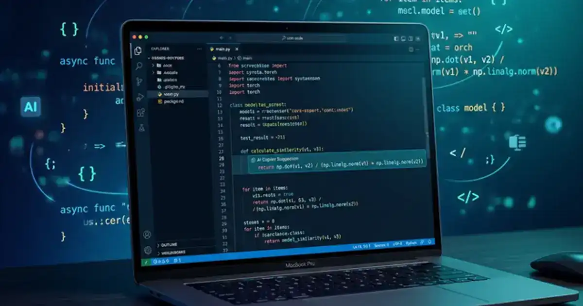 Laptop screen showing code with AI copilot suggesting completions