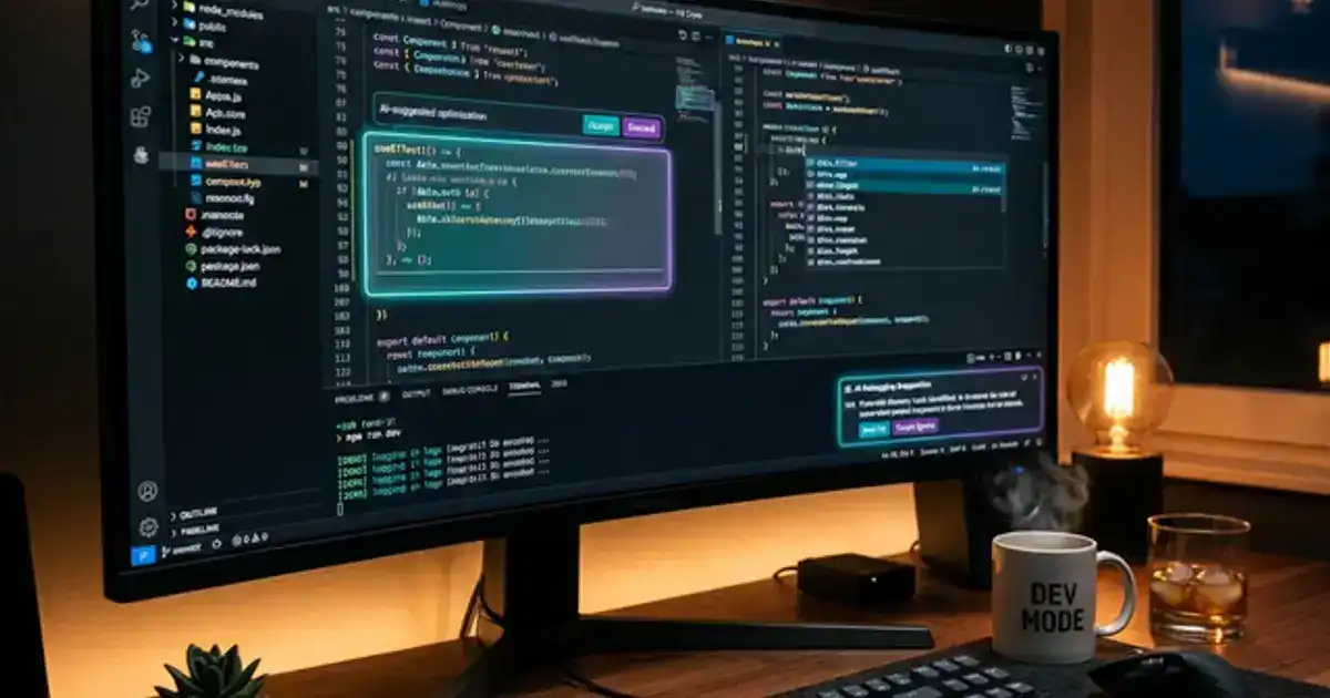 Widescreen monitor showing clean code with AI-generated suggestions highlighted in teal and purple, mechanical keyboard with RGB lighting