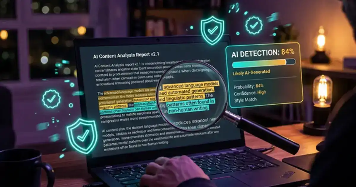 Laptop showing a document with highlighted text and AI detection percentage meter, magnifying glass and teal shield icons in dark ambient lighting