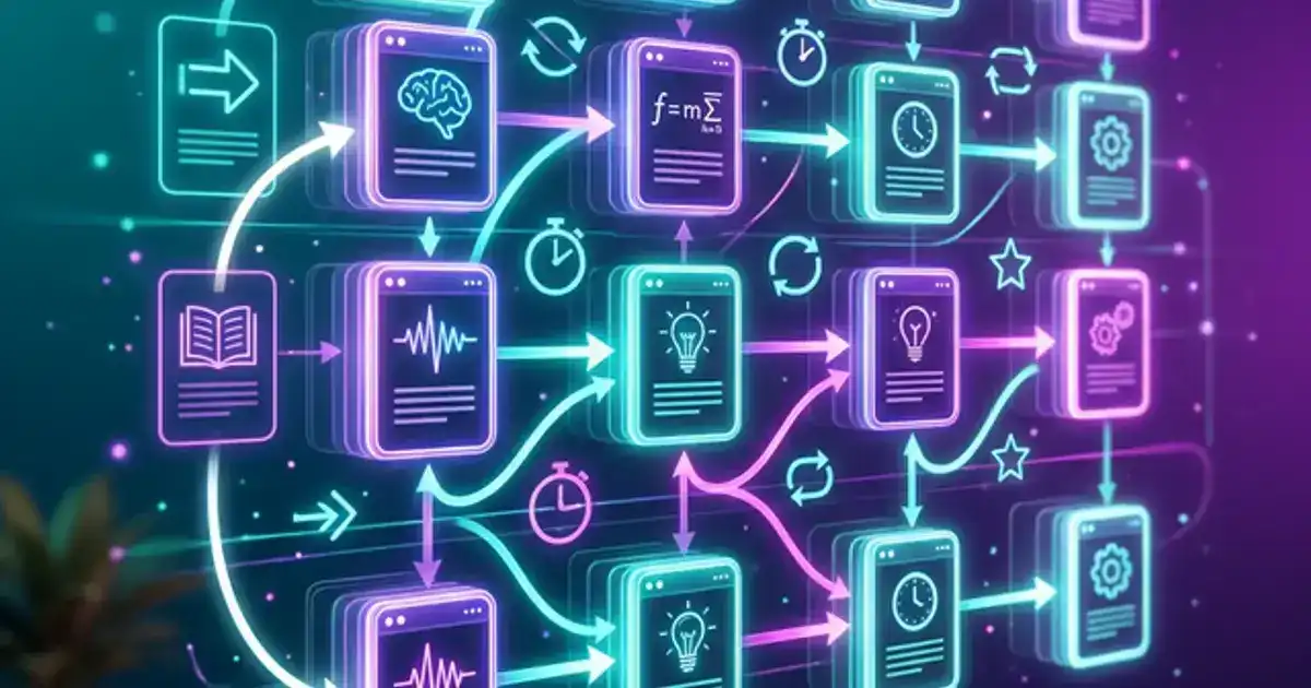 Glowing digital flashcards floating in a 3D grid with spaced repetition arrows