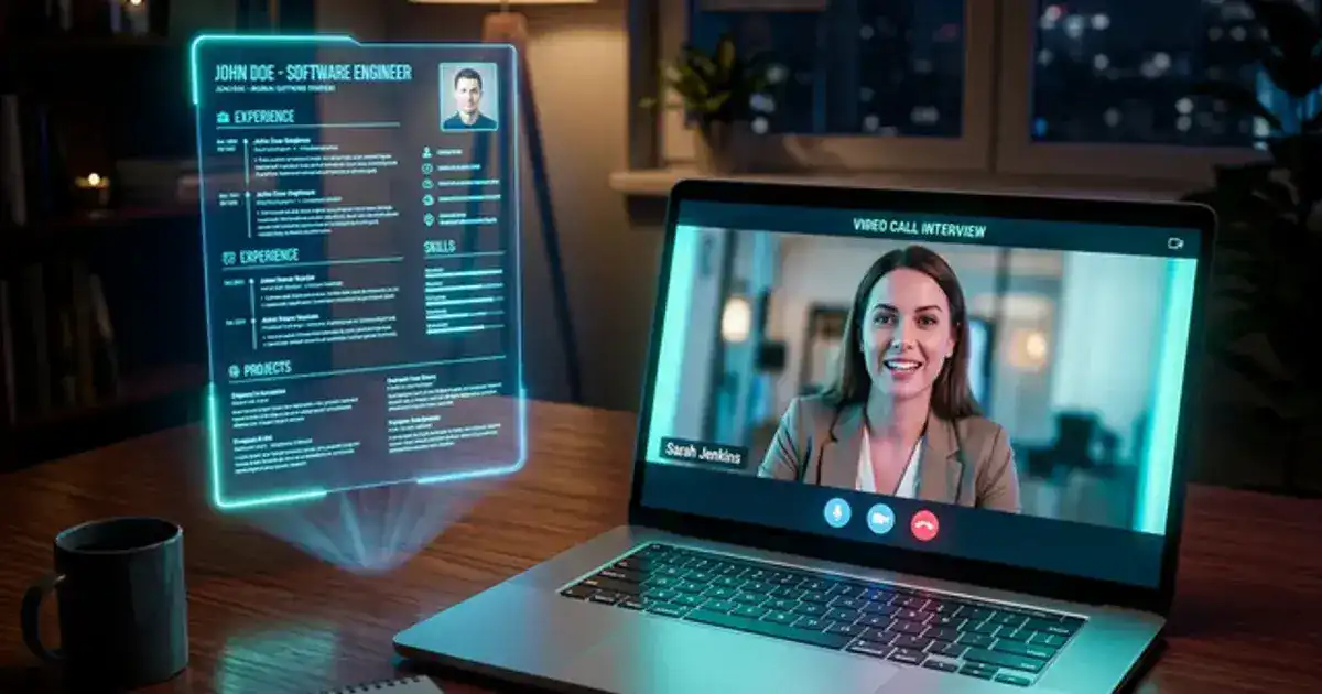 Laptop open on a desk showing a video call interview setup with glowing teal accents and a notebook beside it