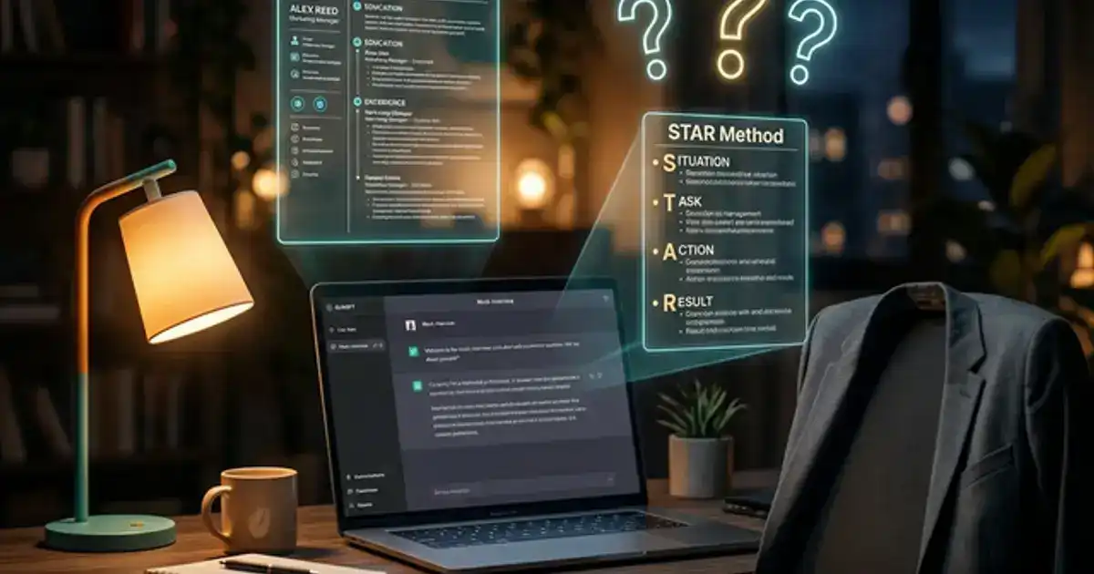 Dark cozy home office with laptop showing AI mock interview chat, professional blazer over chair, floating resume and question elements with teal and amber lighting