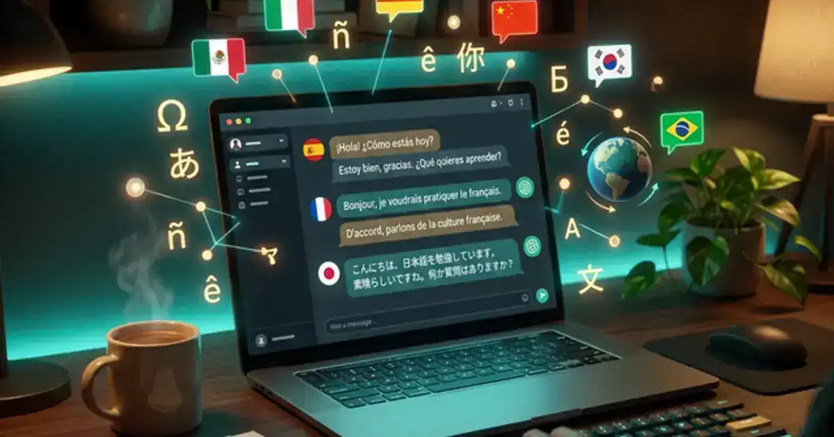 Laptop showing AI conversation with multilingual speech bubbles and language elements floating in a dark cozy workspace