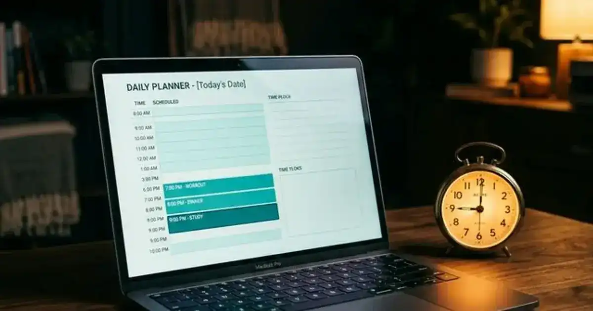 Laptop on dark desk showing daily schedule with teal time blocks next to an alarm clock with warm amber glow, AI life coaching for students concept