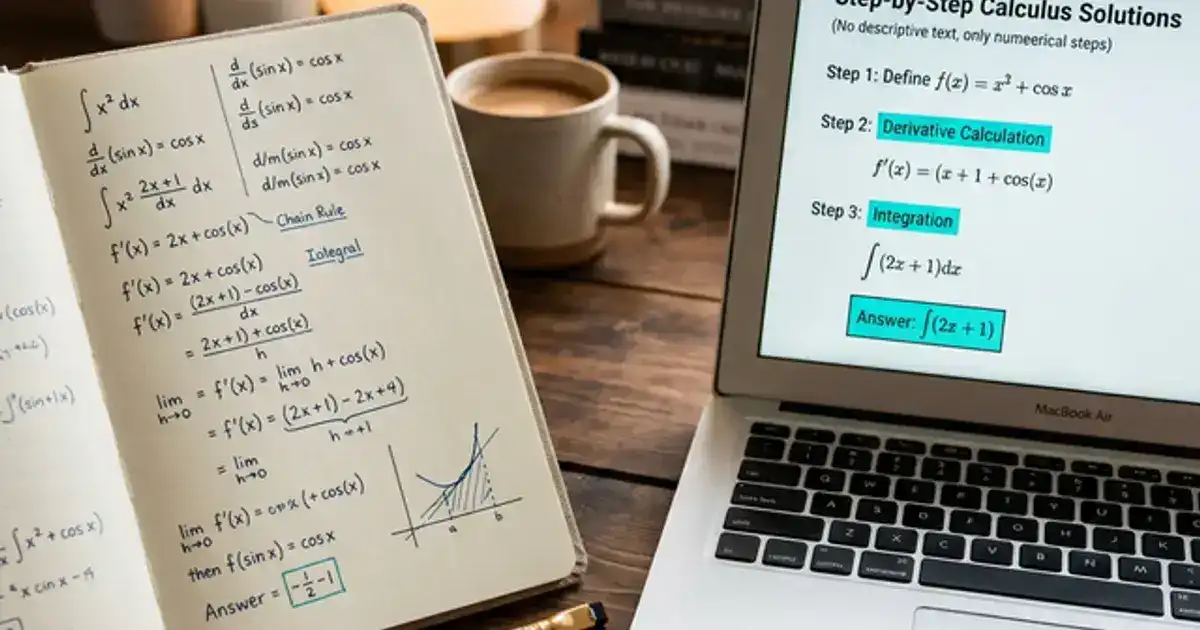 A notebook with handwritten math equations next to a laptop screen showing step-by-step AI explanations with teal highlights
