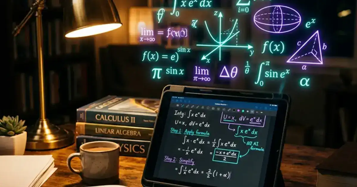 Tablet showing step-by-step math equations with AI annotations, floating holographic math symbols on a dark study desk with amber lighting