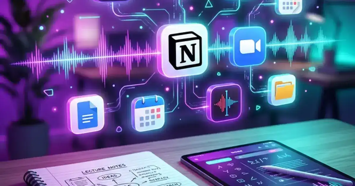 Floating app icons and transcription waveforms above a student notebook and tablet