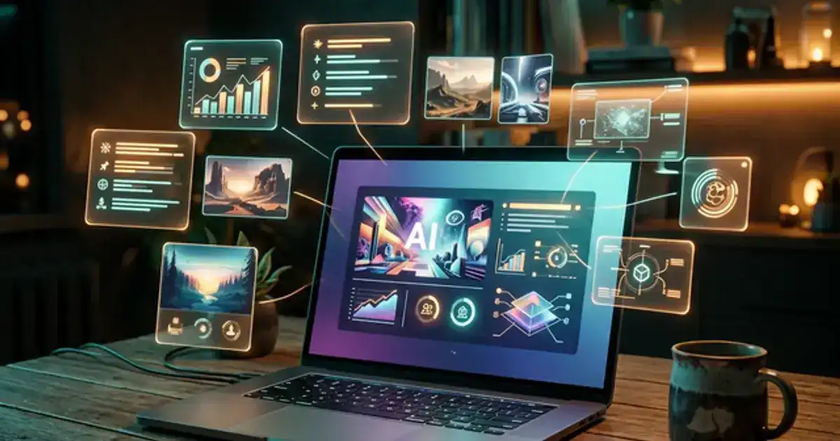 Laptop showing AI-generated presentation slides with floating holographic elements in a dark cozy workspace with teal and amber lighting