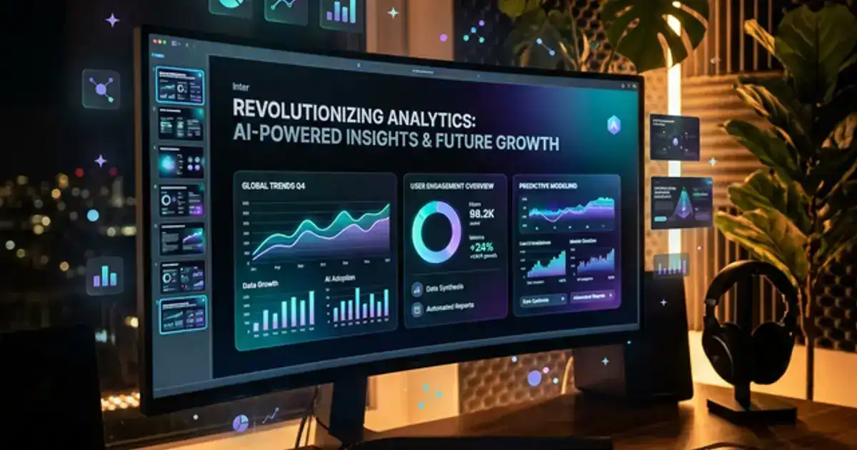 Widescreen monitor showing an AI-generated presentation slide with data visualizations and modern typography, chart icons and sparkle effects in teal and purple lighting