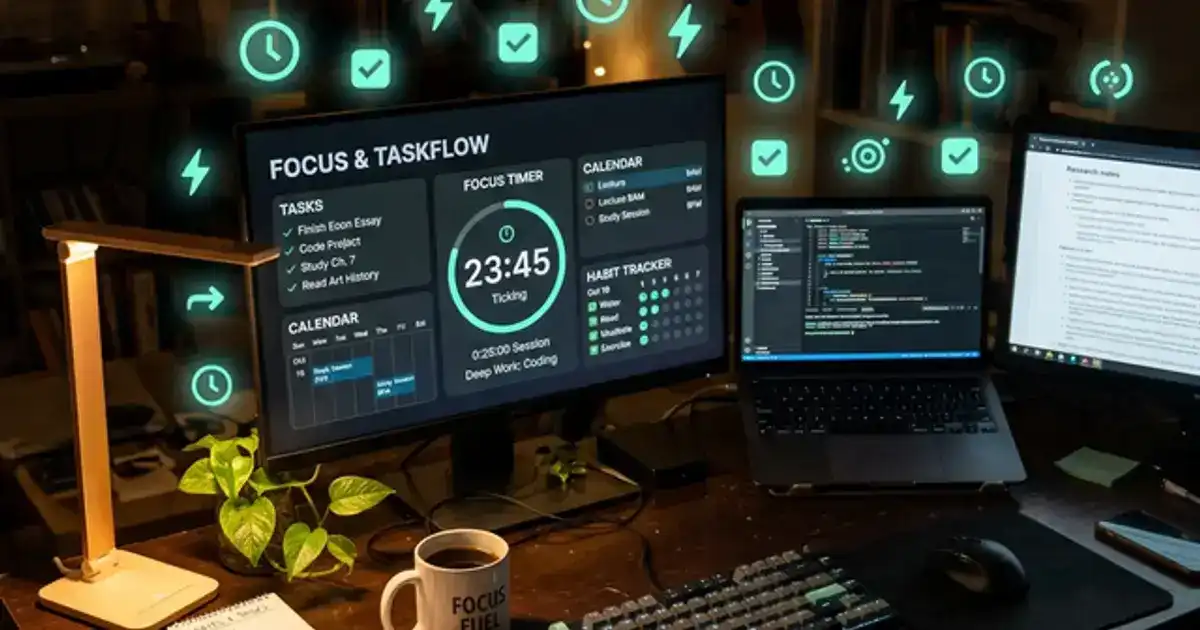 Student desk with multiple screens showing productivity dashboards with task lists and focus timers in teal and amber lighting