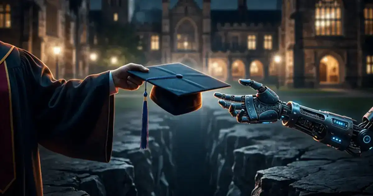 Graduation cap and robot hand reaching toward each other with a college campus backdrop