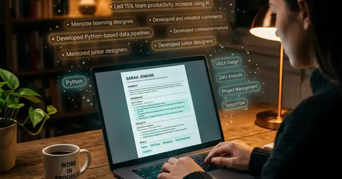 Laptop displaying a polished resume with AI-highlighted sections, coffee mug and notebook on desk with teal and amber lighting