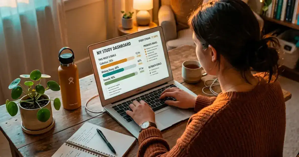 Dark moody student desk at golden hour with laptop showing goal-tracking dashboard with progress bars and streaks, plant and water bottle in warm teal and amber lighting