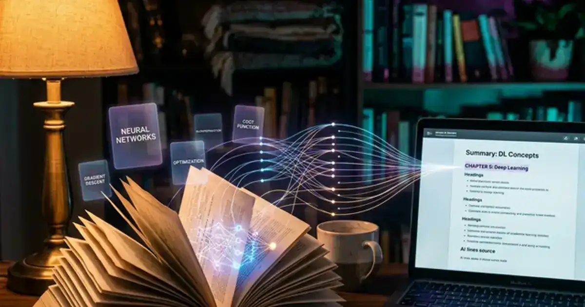 Open thick textbook connected by glowing AI lines to a laptop showing a summary document with floating concept cards in a cozy reading nook