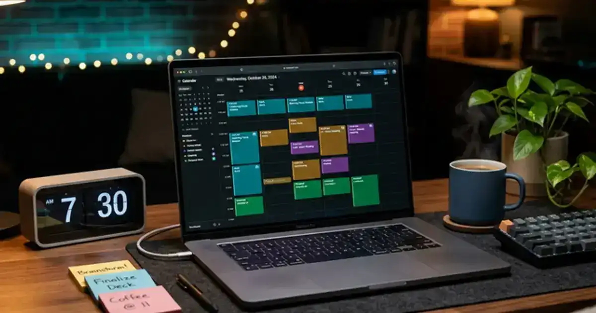 Dark cozy workspace with laptop showing AI-powered calendar app with color-coded time blocks, clock, sticky notes, and coffee mug in teal and amber lighting