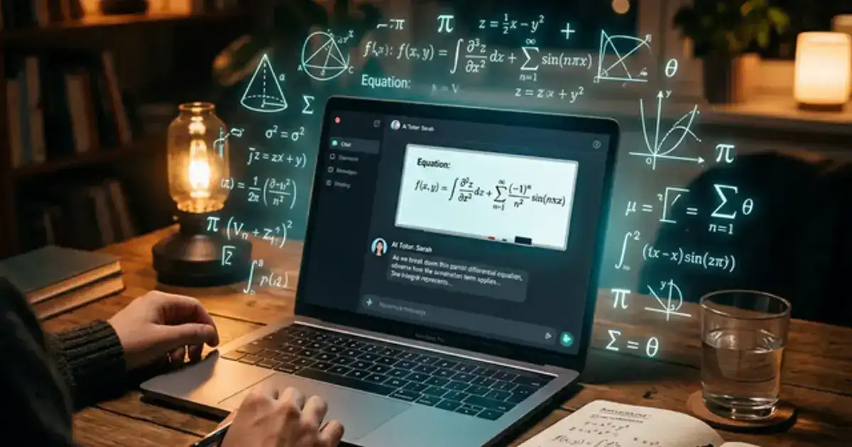 Laptop showing AI tutor chat with math equations on digital whiteboard, floating symbols in teal glow with notebook beside it