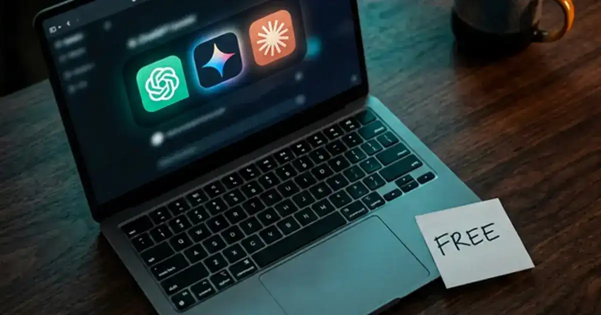 Laptop on a dark wooden desk with ChatGPT, Gemini, and Claude AI logos glowing on screen and a FREE sticky note beside it