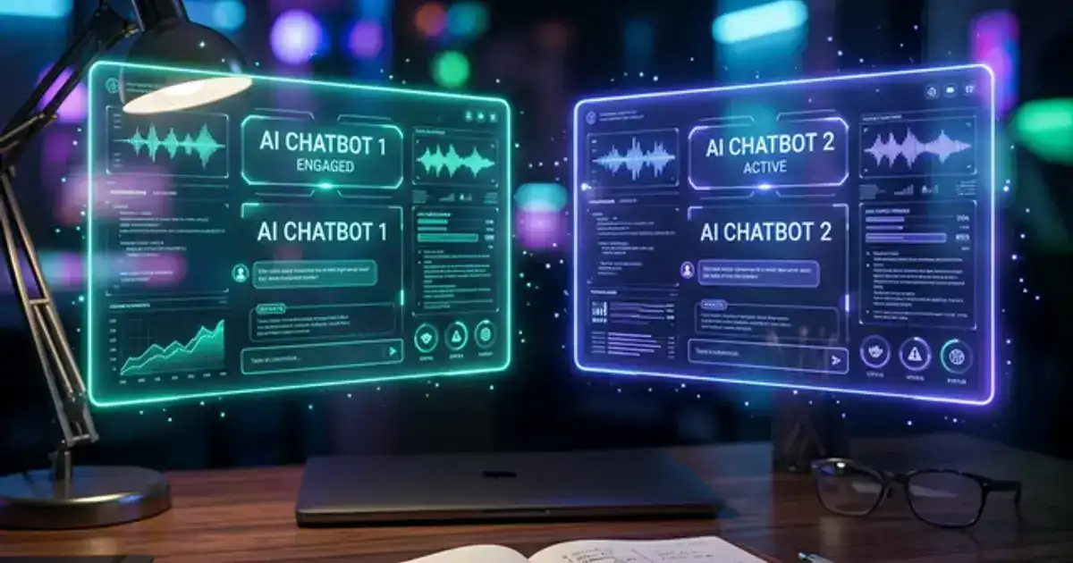 Two glowing AI chatbot icons facing each other in teal and blue light against a dark study desk background