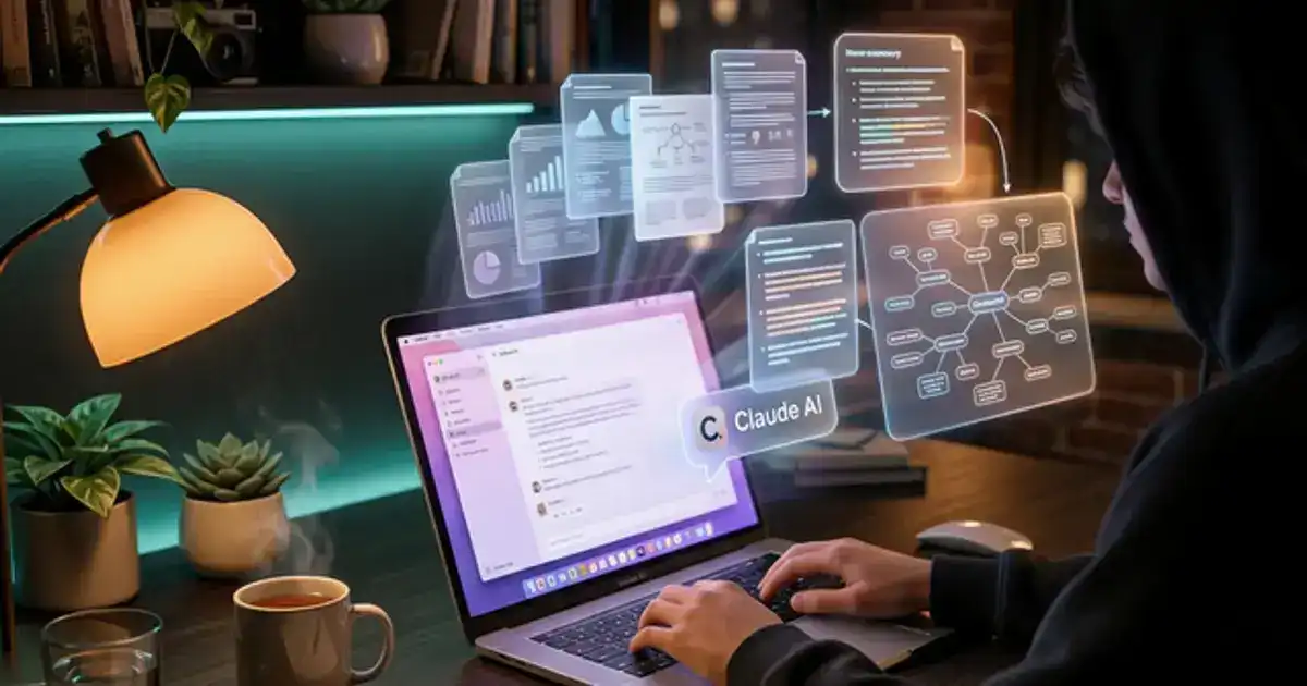 Claude AI interface on a laptop with floating study documents and concept maps in a dark workspace with amber and teal lighting