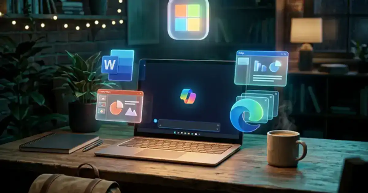 Microsoft Copilot interface on a laptop with floating productivity elements in a dark cozy workspace with teal and blue lighting