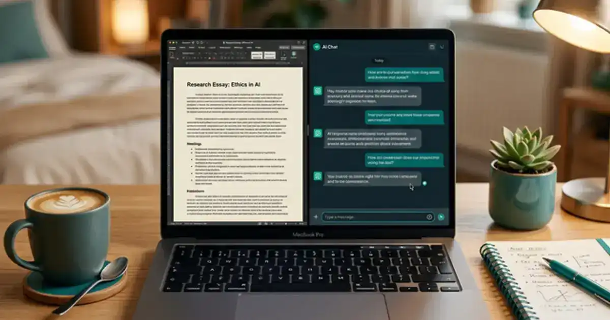 Laptop screen split between essay document and AI chat with warm desk lighting
