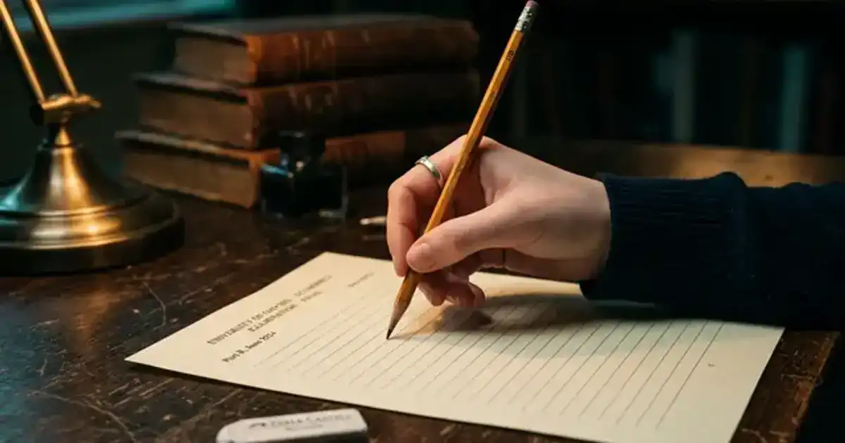 Student sitting at a desk during an exam with a pen in hand and a blank expression, warm overhead lighting