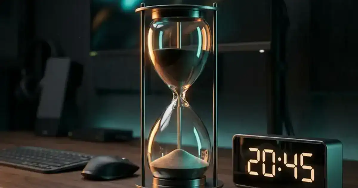 Glowing hourglass with sand falling next to a digital clock showing 20:45 on a dark wooden desk