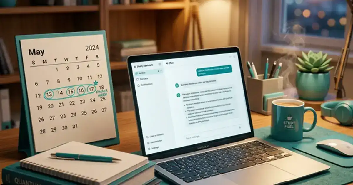 Organized study desk with calendar showing finals week, laptop with AI chat, and textbooks