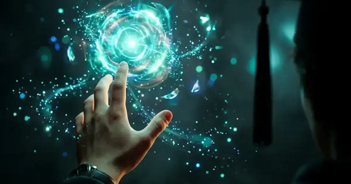 Glowing laptop on a cozy wooden desk with an open notebook and coffee cup, teal accent lighting in a dark room