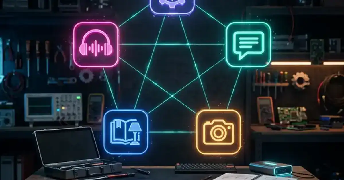 Laptop and neon holographic app icons floating above a dark tech workspace with green and blue accent lighting