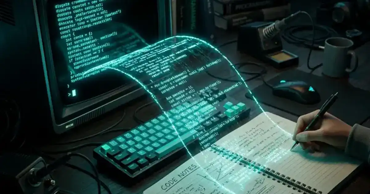Student typing a detailed prompt into ChatGPT on a laptop with glowing teal accent lighting on a dark wooden desk