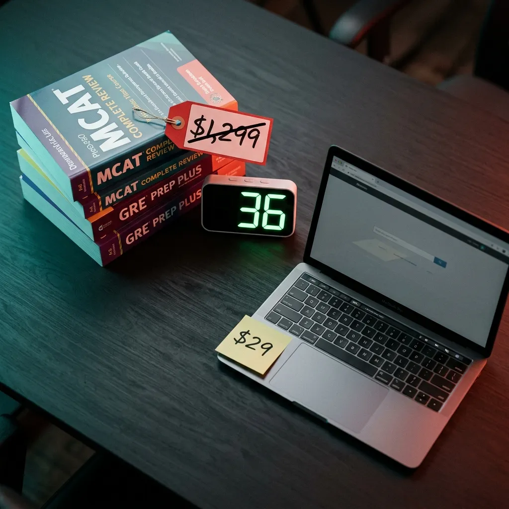 Product photograph of a glowing digital timer showing 36 next to prep course books with a $1,299 crossed out price tag and a $29 sticky note