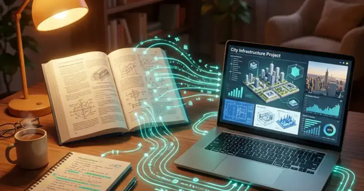 Student at a desk with an open textbook connected by glowing pathways to real-world project mockups on a laptop screen, warm teal and amber lighting