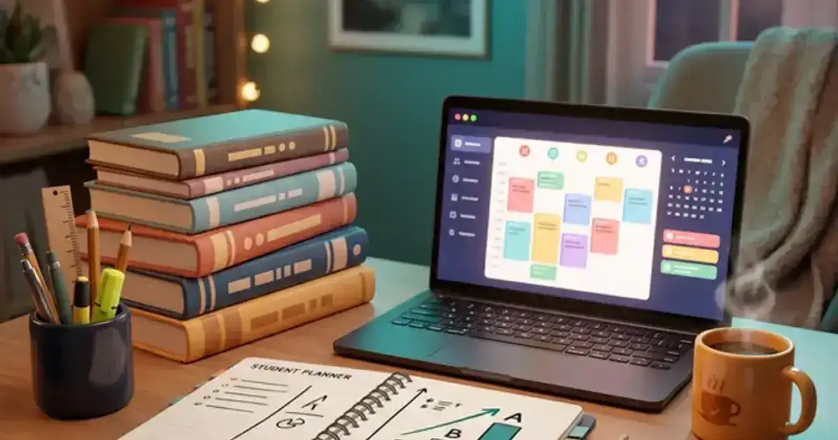 Clean student desk with a planner showing an upward GPA graph, laptop, highlighters, and a coffee mug, warm teal and amber ambient lighting