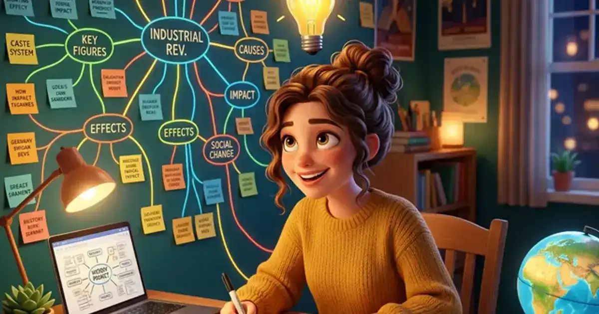 College student brainstorming at a desk with a mind map and colorful sticky notes on a wall with connecting lines between ideas