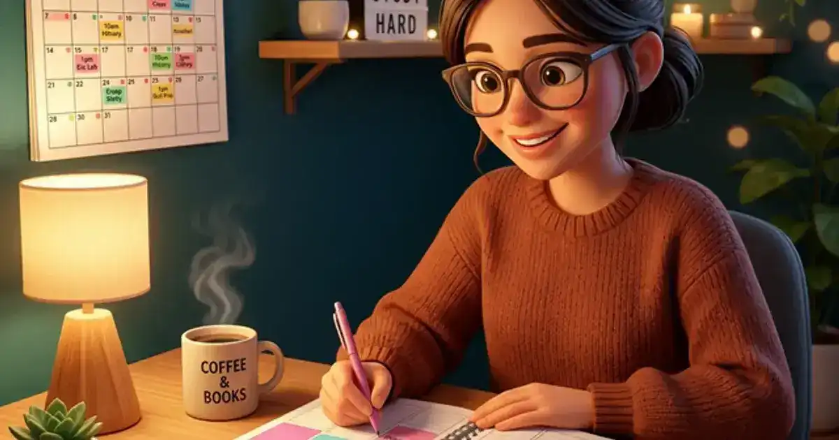 College student at a clean desk planning their week with a colorful weekly planner and organized study blocks