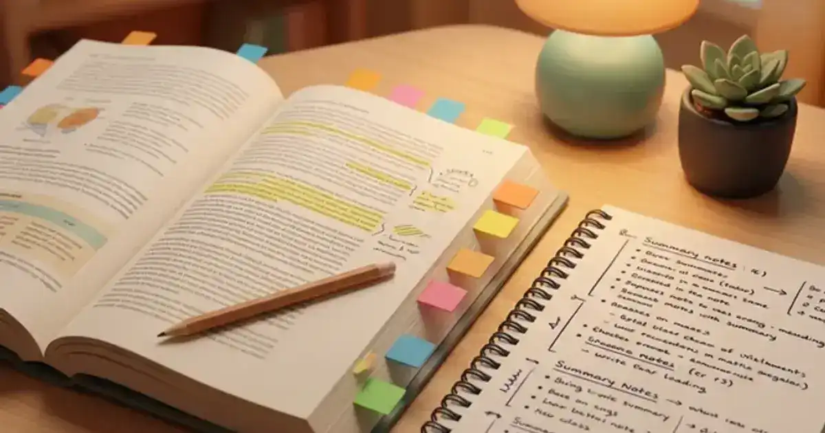 Open textbook with colorful annotations, sticky tabs, and a highlighter on a clean teal desk next to a laptop showing a study outline