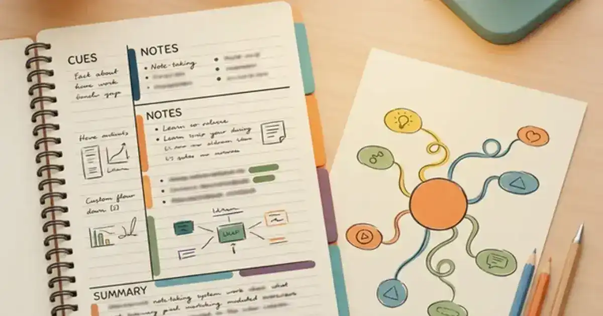 Open notebook with colorful structured notes showing Cornell format, mind map, and outline side by side on a clean teal desk with pencils and coffee