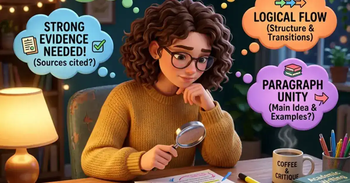 College student analyzing an essay at a desk with thought bubbles containing different perspectives and argument structures
