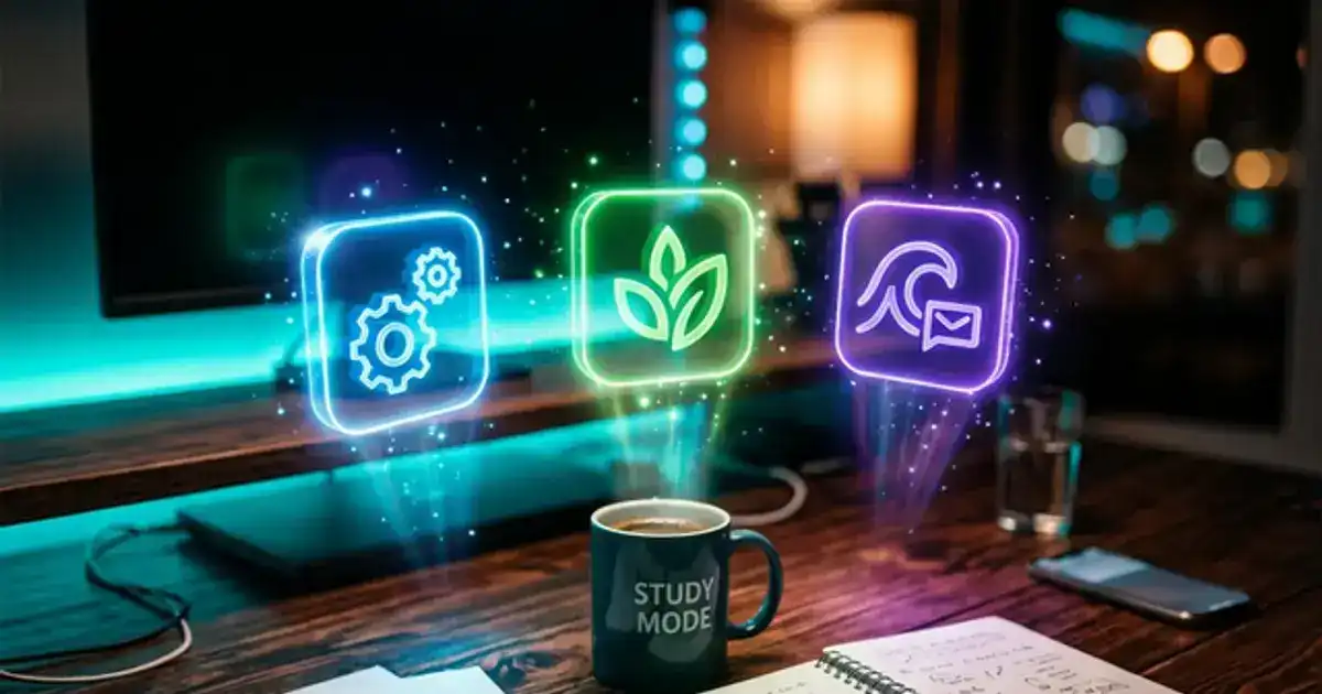 Three glowing app icons floating over a desk with scattered lecture notes under teal and blue neon lighting