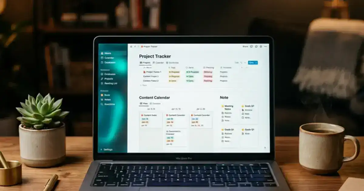 Notion app workspace on a laptop screen with organized class folders and AI sidebar glowing teal on a clean desk