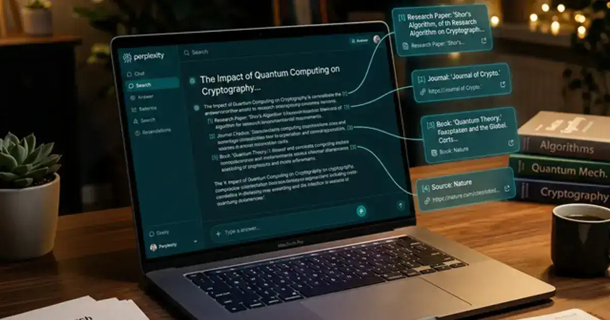 Perplexity AI search interface on a laptop screen with academic papers and citation cards floating around it in teal light