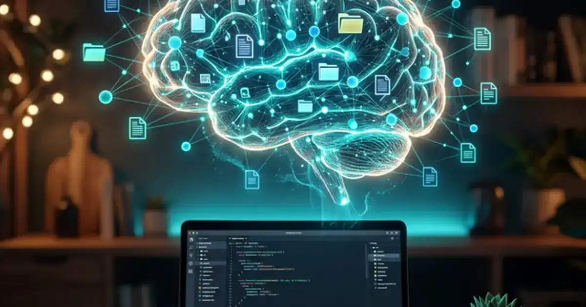 A glowing digital brain made of connected nodes and documents floating above a clean desk with a laptop in teal and blue light