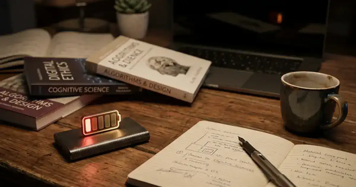 Dimly lit desk with an open laptop, scattered notes, and a cold cup of coffee with soft teal ambient glow