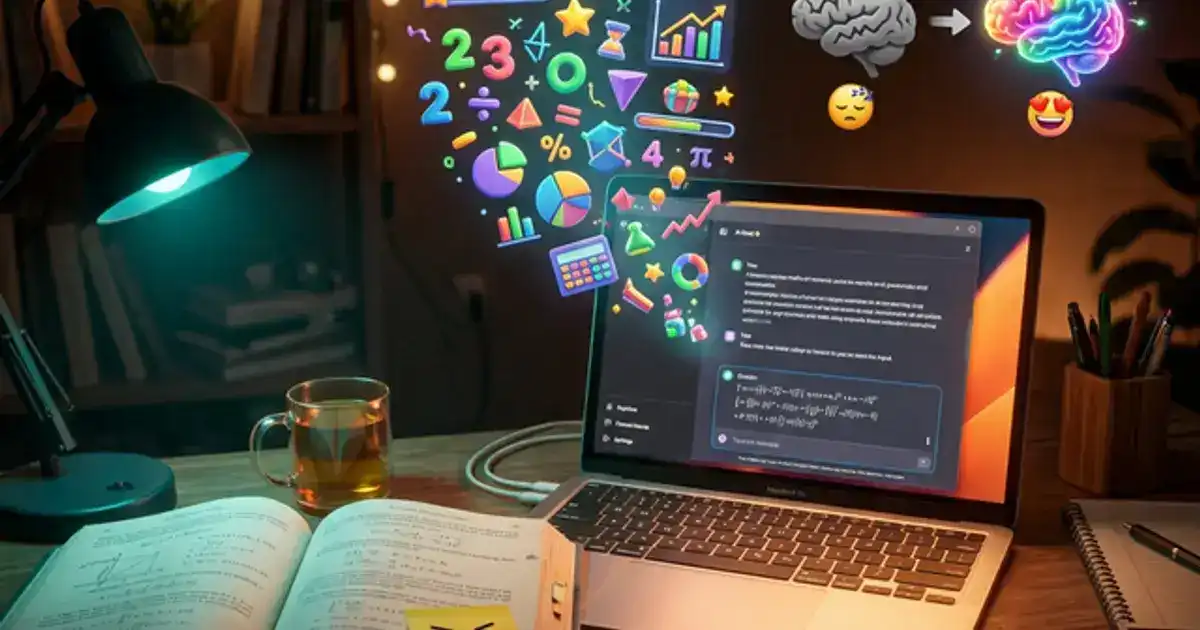Student desk showing a boring textbook being transformed into engaging AI-powered study materials with teal lighting