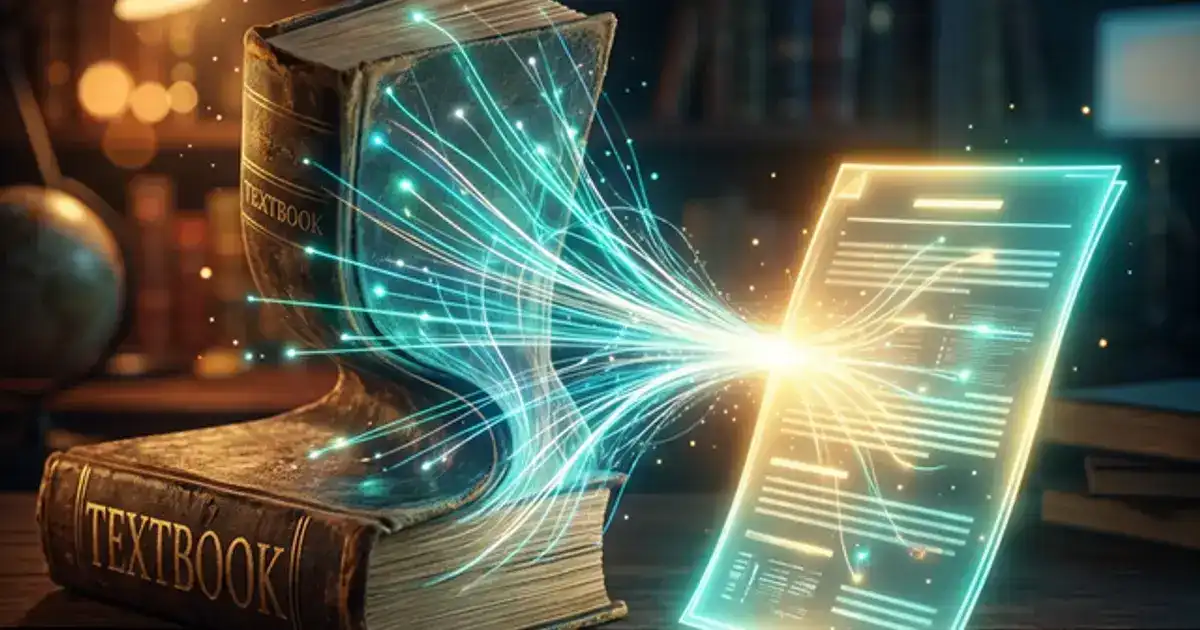 Thick textbook being compressed into a thin glowing summary by AI light beams