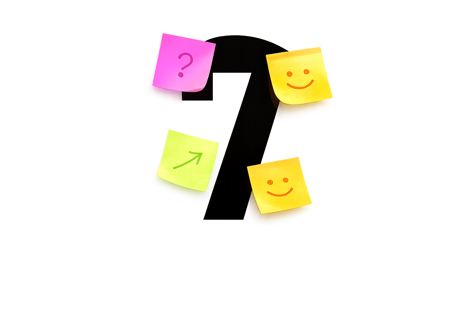 Colorful sticky notes with smiley faces, question mark, and arrow around number 7 on dark background, representing AI tools for students