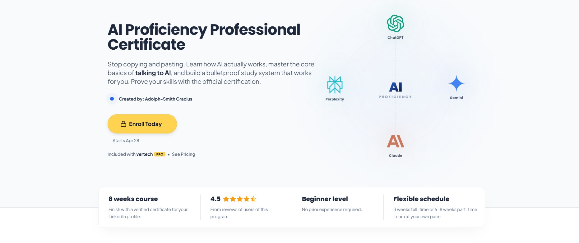 AI proficiency professional certificate course page with ChatGPT, Gemini, Claude and Perplexity logos, enrollment details and program features