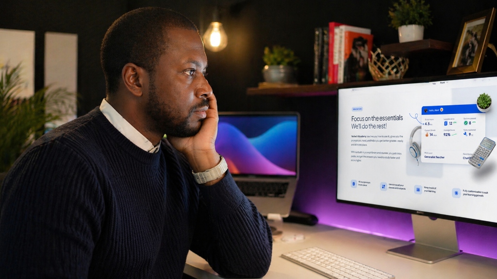 Man working at computer desk reviewing data dashboard, focused on productivity and AI tools for work